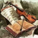 Violin, libro y partitura, Musica