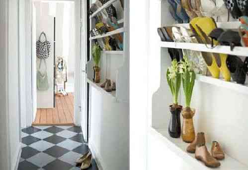 Decoración de un apartamento pequeño 6 almacenar zapatos en la entrada de forma original