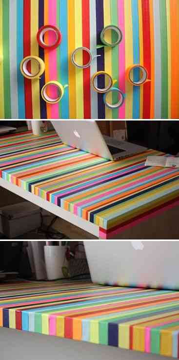 decora un mesa con washi tape de colores