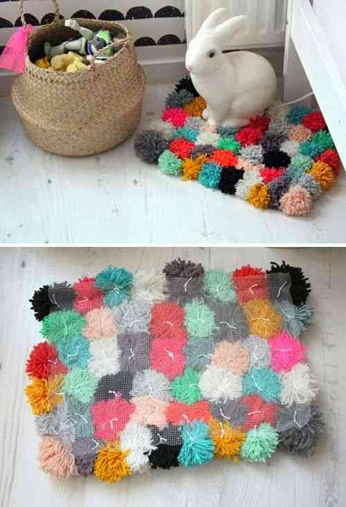 manualidades con pompones - alfombra de pompones