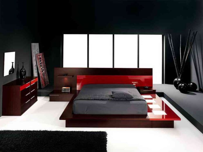 dormitorio en gris y rojo