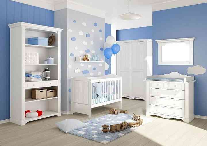 habitación de bebé blanco y azul