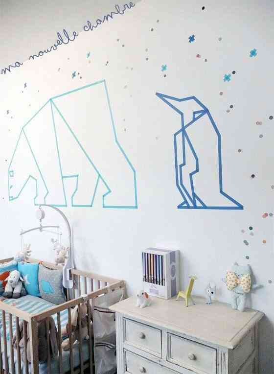 Decorar paredes con washi tape. Dibujos en habit. infantil 560x764