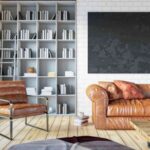 Cozy Room with Library and Leather Sofa. 3d Render