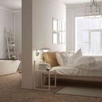 Scandinavian bathroom and bedroom, white minimalistic design, hotel spa resort