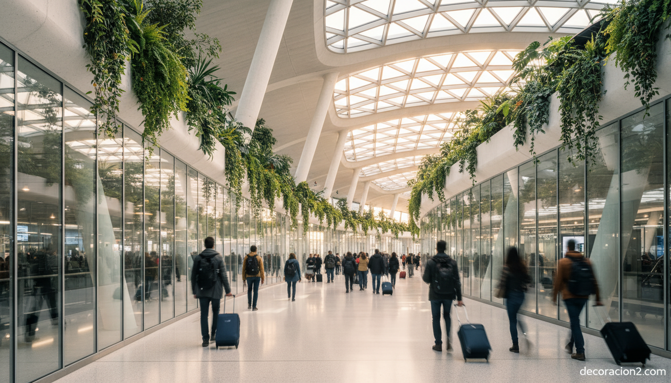 Terminal de aeropuerto moderno con flujo continuo de pasajeros y arquitectura sostenible