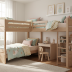 A beautiful modern children’s bedroom with a stylish wooden bunk bed in L-shape configuration, soft
