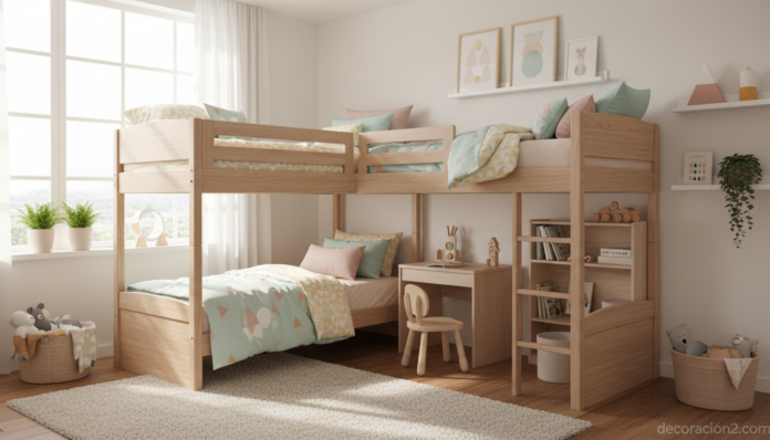 Literas con estilo en dormitorio infantil moderno con diseño nórdico