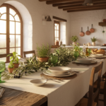 A beautifully set Mediterranean dining table with green glass tumblers catching warm sunlight, white
