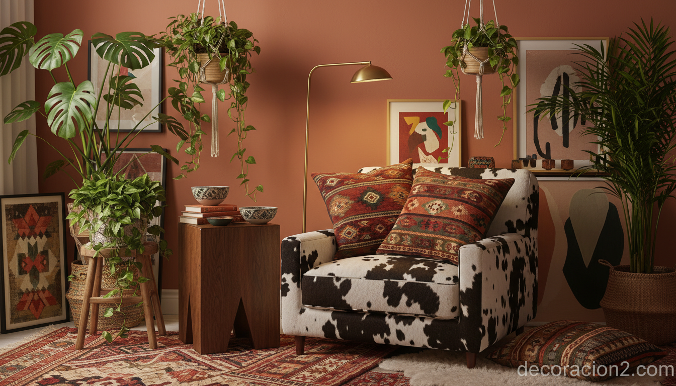 Rincón bohemio con sillón de estampado animal y decoración ecléctica