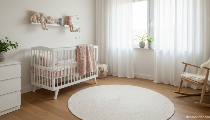 Dormitorio infantil con textiles suaves y cuna blanca decorada con sábanas pastel