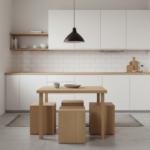A bright and cozy small kitchen with a compact wooden dining table that has cube-shaped wooden stool