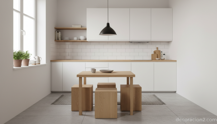 Mesa para espacios pequeños con taburetes integrados en cocina pequeña