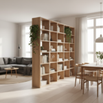 A bright and spacious modern loft interior, an elegant open wooden bookshelf used as a room divider