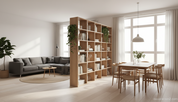 Estantería para separar ambientes en salón moderno con luz natural