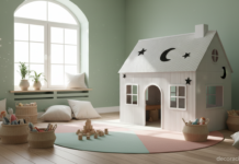 Casita de cartón para niños blanca en un cuarto infantil nórdico