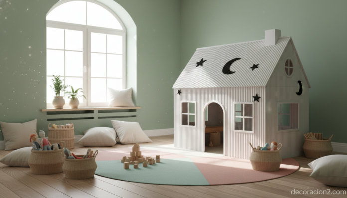 Casita de cartón para niños blanca en un cuarto infantil nórdico