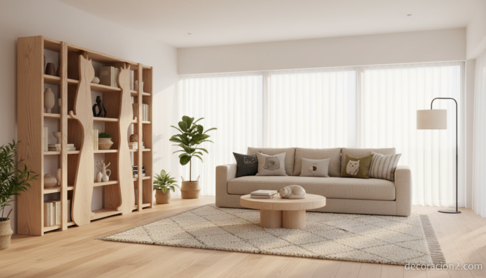 Salón nórdico con muebles de decoración con gatos y librería con silueta felina