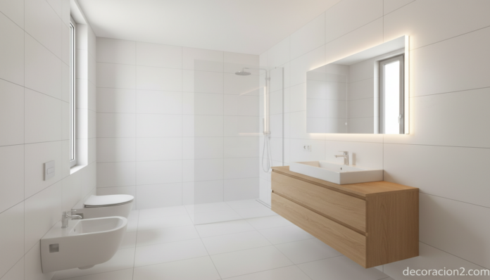 Baño minimalista blanco con mueble de madera clara y ducha walk-in