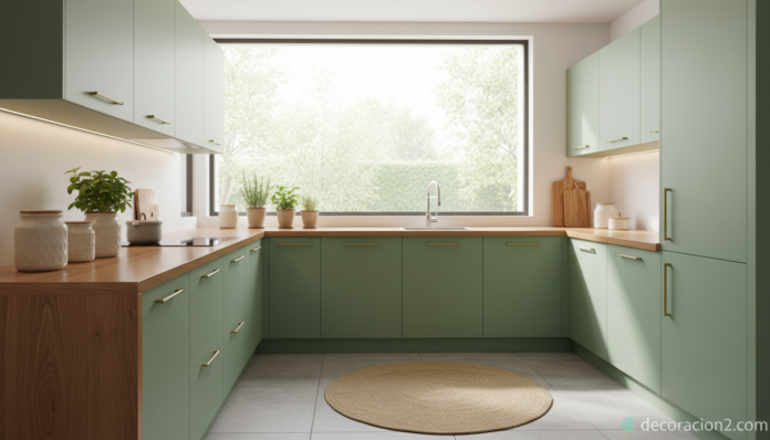 Cocina moderna decorada con muebles verdes y encimera de madera para disfrutar cada día