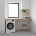 A bright modern laundry room with white walls, a sleek energy-efficient front-load washing machine,