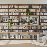 A bright modern living room with a large floor-to-ceiling bookshelf filled with books, plants, decor