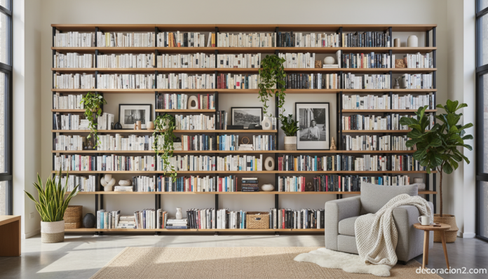 Estantería grande de pared a techo en salón nórdico con libros y plantas