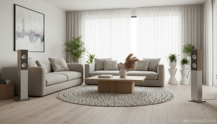 Salón moderno con altavoces de diseño de columna integrados en la decoración