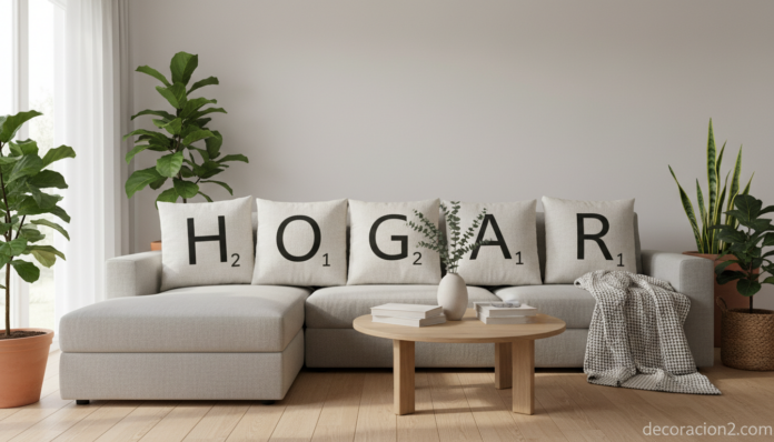 Sofá con cojines tipo Scrabble formando la palabra HOGAR en salón nórdico