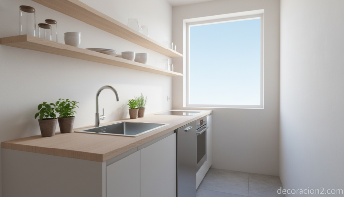 Fregadero compacto de acero inoxidable en cocina pequeña moderna