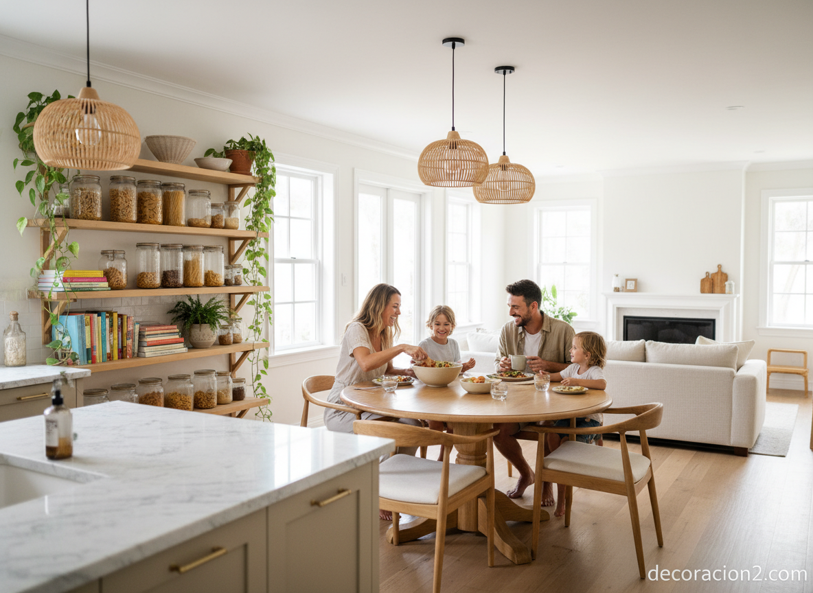 Zona de comedor en cocina amplia con mesa redonda y estanterías abiertas