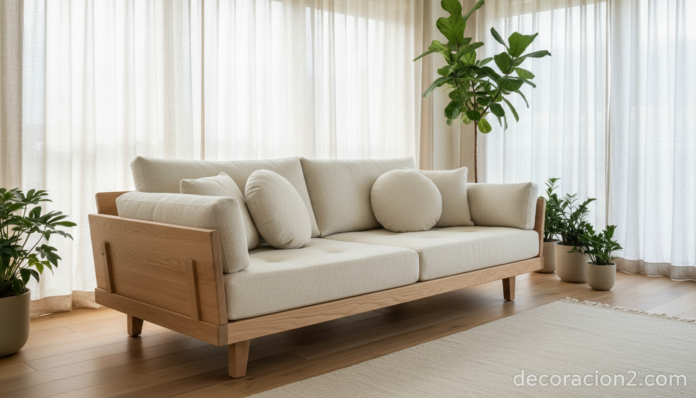 Sofá cama Lublin Day Bed en salón nórdico con madera de arce y lana europea