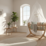 A bright Scandinavian-style nursery featuring a Leander-style hanging bassinet suspended from a ligh