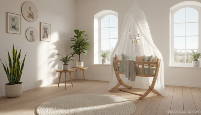 Habitación infantil con moisés colgante en trípode de madera