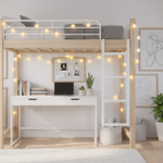 A bright teenager bedroom with a loft bunk bed that has a study desk underneath, books on the desk,