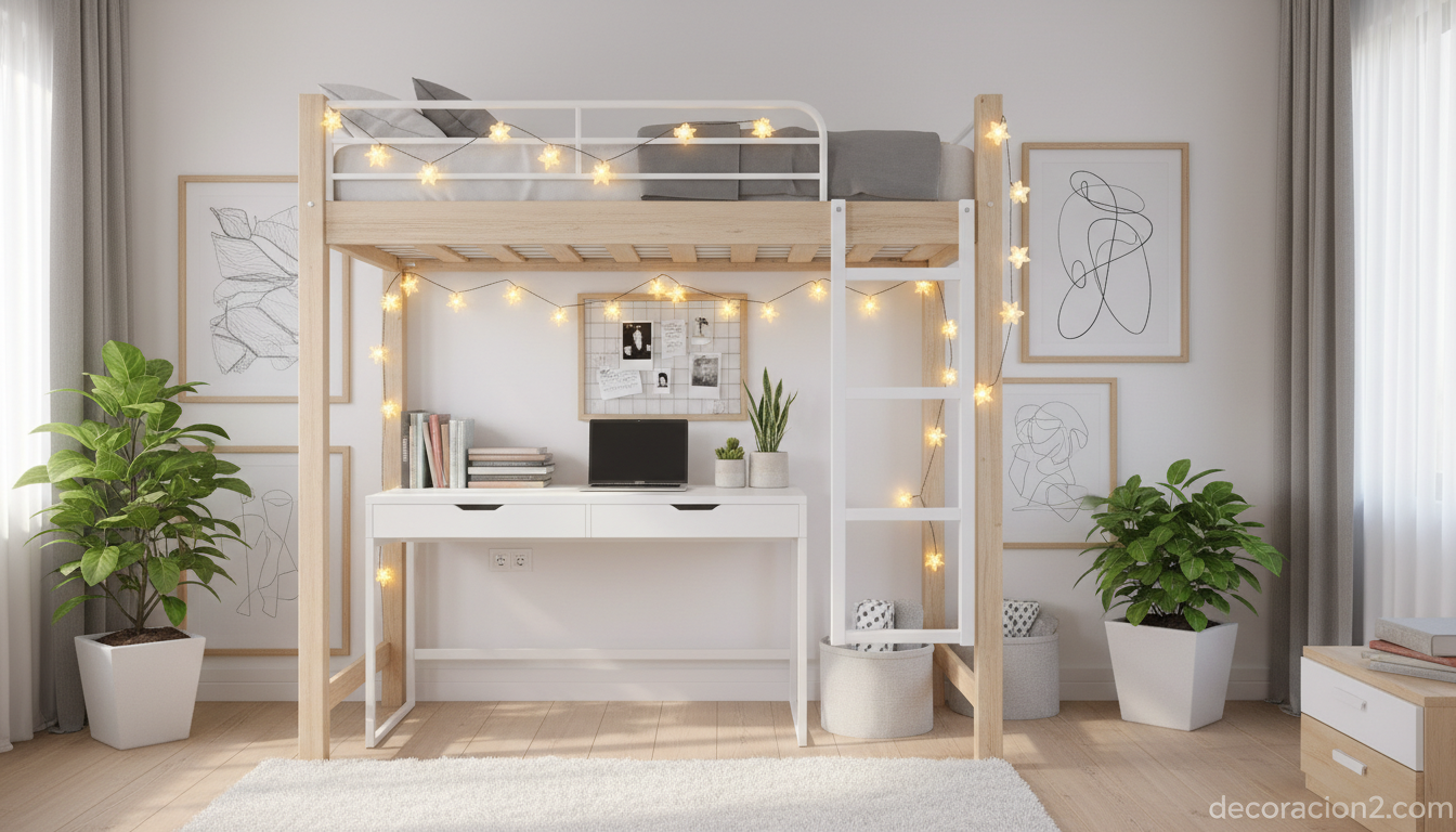 Litera tipo altillo con escritorio integrado en dormitorio juvenil