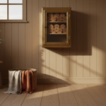 A classic vintage Scandinavian style bathroom with a brass heated towel cabinet with glass door moun