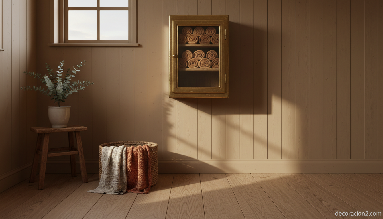 Armario calefactor de toallas en latón con puerta en baño de estilo rústico