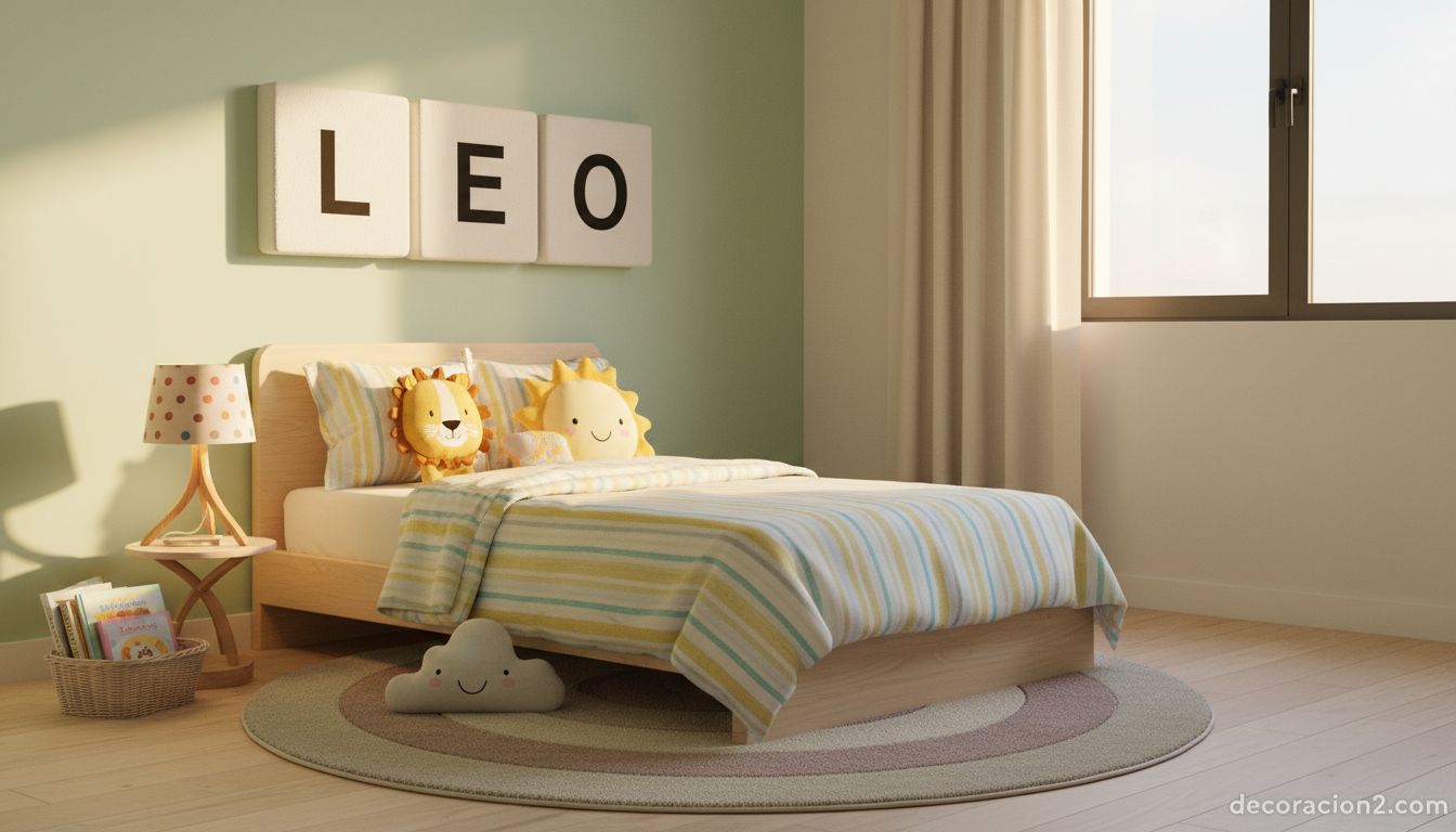 Habitación infantil decorada con cojines tipo Scrabble formando el nombre LEO
