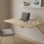 A compact home office corner with a wall-mounted folding desk in open position, minimal workspace se