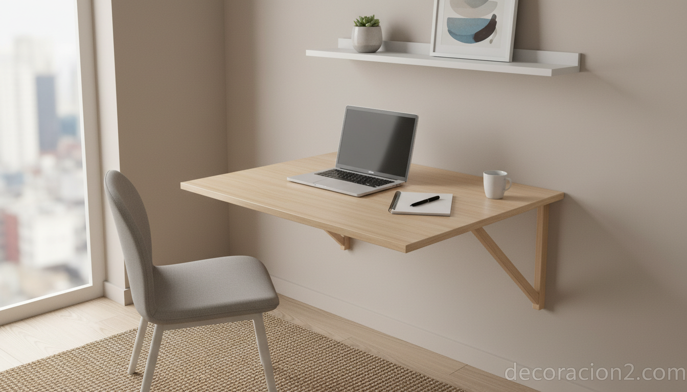 Escritorio plegable de pared en un rincón de trabajo multifuncional