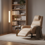 A cozy bedroom reading corner with a reclining anatomical armchair in warm cream leather next to a f