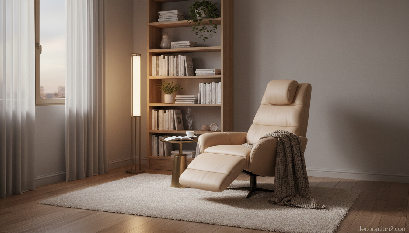 Sillón anatómico reclinable en rincón de lectura de dormitorio acogedor