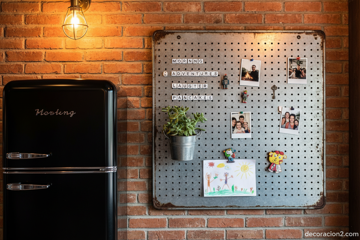 Pizarra metálica decorativa con palabras imantadas y fotos en cocina industrial