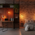 A cozy industrial style studio apartment, tall floor-to-ceiling shelving unit with black metal struc