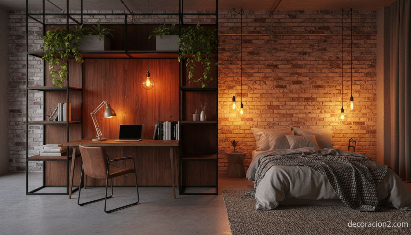 Estantería con trasera separando dormitorio y oficina en loft industrial