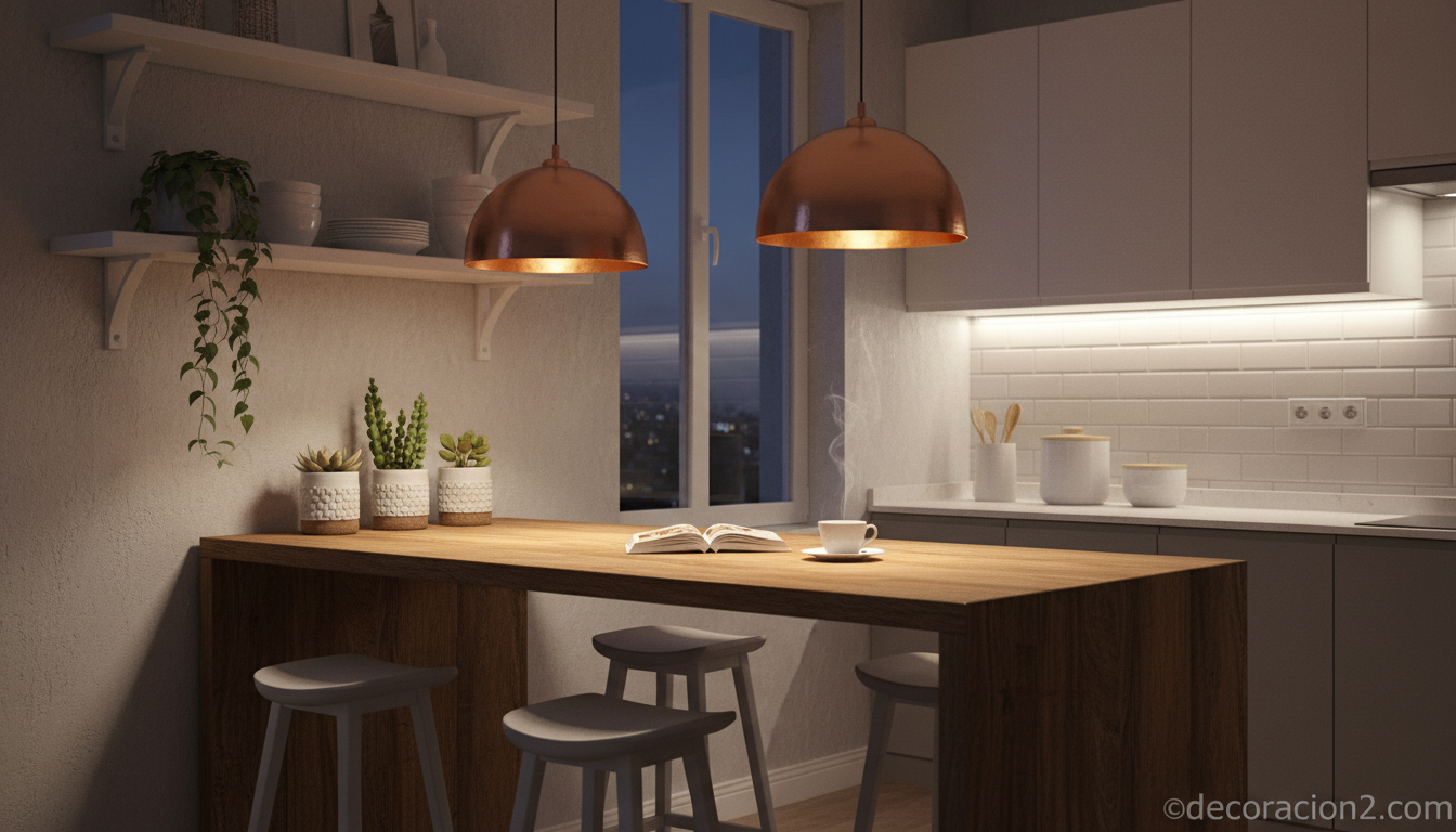 Rincón de cocina con iluminación cálida y estanterías abiertas decorativas