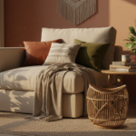 A cozy living room corner with a sculptural wastepaper basket made of natural rattan fibers, positio