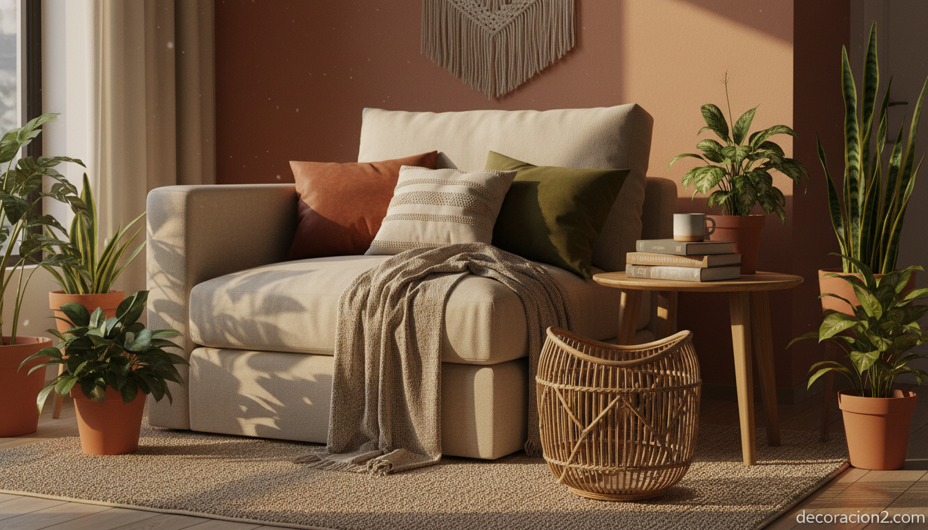 Papelera de ratán en un salón de estilo boho cálido