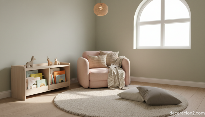 Sillones infantiles en habitación nórdica con rincón de lectura